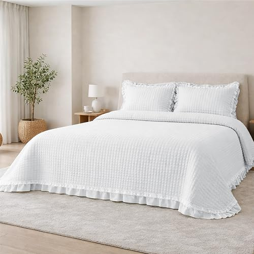 Victorio & Lucchino – Colcha Anaya Lavada Termosellada con Doble Volante con Encaje – Incluye Fundas de Cojín (Blanco, Cama 150cm)