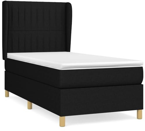 QJBSAVVA Boxspringbett 90x190 cm mit Matratze und Topper, Polsterbett mit Höhenverstellbarem Kopfteil, Stoff-Bettanlage für Single und Jugendzimmer, Komplettbett für Bauch- und Rückenschläfer, Schwarz