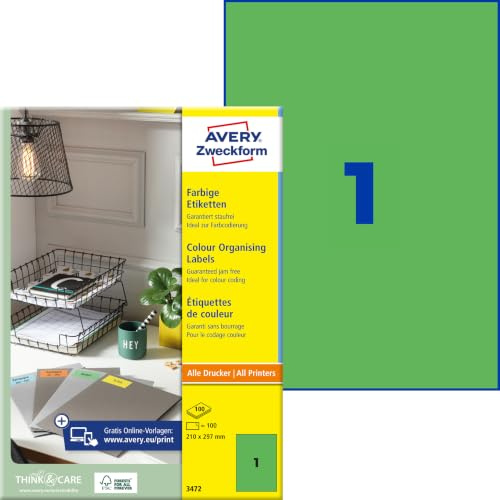 AVERY Zweckform 3472 Grüne Etiketten (100 Aufkleber, 210x297mm auf A4, permanent haftend, selbstklebende Farbetiketten, Papier matt, bedruckbare, farbige Klebeetiketten) 100 Blatt