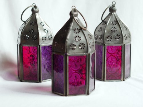 Set of 3 Moroccan Tonal Glass Tea Light Lanterns. Pink and Purple