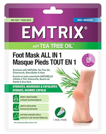 Emtrix Foot Mask Socks All in 1, Moisturising Foot Mask with Natural Tea Tree Oil, Designed to Hydrate, Exfoliate & Soften Cracked Heels in 20 Minutes for Baby Soft Feet - (1 Pair)