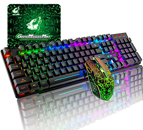 T3 Upgrade Wireless Keyboard Mouse Combo, Rainbow Backlit 2.4G Rechargeable Mechanical Feel Gaming Keyboard + 2400DPI 6 Buttons Optical Rainbow LED Gaming Mouse + Gaming Mouse Pads (Black)