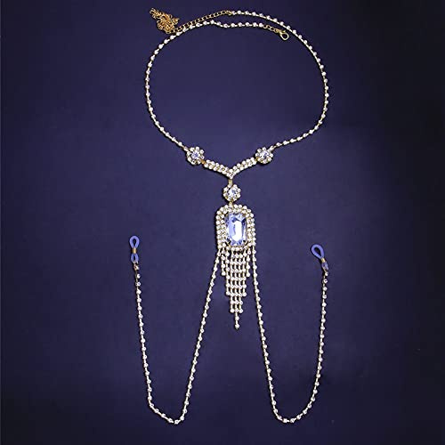 YZDKJ Rechteck Große Kristall Nippel Kette Halskette Nicht Piercing Schmuck Bling Strass Körperkette BH Harness Sexy Bikini Schmuck (Metal Color : Gold-Color)