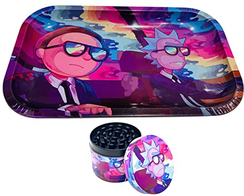 COMBO !!! Ensemble kit set Plateau de roulage Rick et Morty 27 x 16 cm en fer solide + Grinder assorti 50 mm de diamètre en 4 parties moulin à épices zinc très robuste