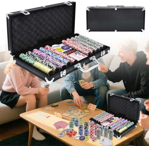 YRHome Pokerkoffer Pokerset 500 Chips Pokerchips Poker mit 3 Dealer Button, 5 Würfel, 2 Schlüssel, 2 Pokerdecks, 1 Alu Pokerkoffer für Party Game Texas Hold'em Poker (Schwarz)