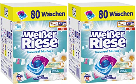 Weißer Riese Universal Trio-Caps Aromatherapie Essentials 160 (2x 80) Wäschen, Waschmittel mit Lotus & Mandelöl, pflegendes Vollwaschmittel mit ätherischen Ölen, die zu 100% natürlich sind