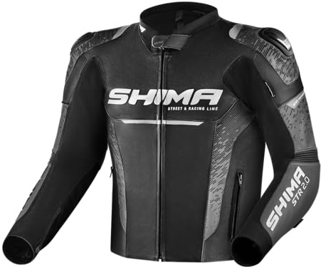 SHIMA STR 2.0 Motorradjacke - Leder, Sportjacke mit Rücken-, Ellbogen- und Schulterprotektoren, perforiertes Leder, für 2-teiligen Kombi (Schwarz, 48)
