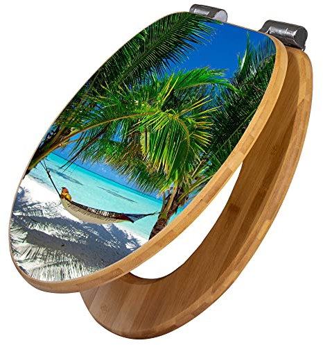 banjado Design WC Sitz Bambus Absenkautomatik 45,8x37,5cm / Toilettendeckel mit Absenkautomatik Holz/hochwertiger Bambus Klodeckel/WC-Sitz für gängigen Toiletten/Motiv Strand