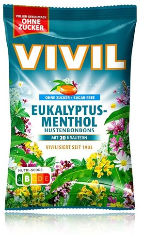 VIVIL Eukalyptus-Menthol mit 20 Kräuter, 1 Beutel, Hustenbonbons mit Eukalyptusgeschmack, ohne Zucker & vegan, 1 x 120g