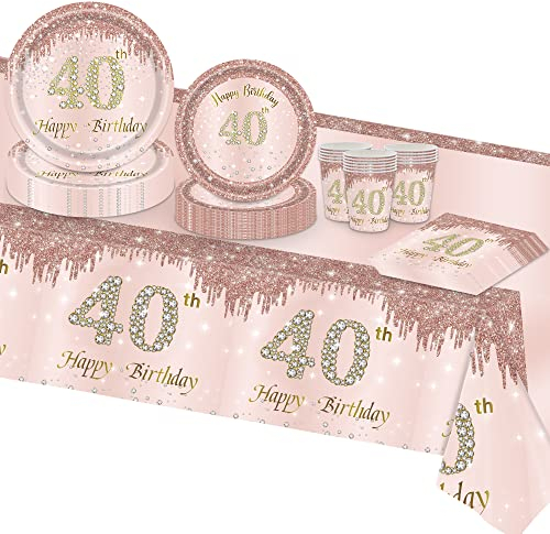 VReder Roségold Deko 40 Partygeschirr Set, 40. Geburtstag Happy Birthday Mädchen Frau Frauen Decorations Einschließlich Servietten Tischdecke Becher Teller 16 Gäste