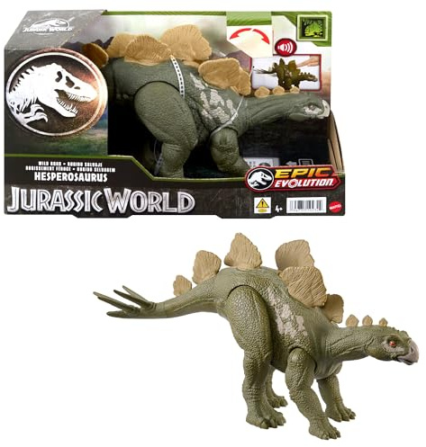 Mattel Jurassic World Wild Roar Hesperosaurus-dinosauriefigur med kontinuerligt rytande ljud och attackfunktion, ställbar fysisk leksak och digital lek HTK69