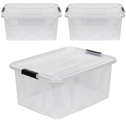 Kreher® XL Aufbewahrungsboxen mit Deckel aus Lebensmittel-geeignetem Kunststoff in Transparent. Stapelbare Lagerboxen für Haushalt, Garage, Industrie (32 Liter, 3er Set)