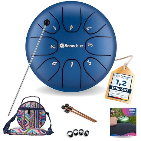 Sonodrum Zungentrommel Standard C - Dur in Blau - 14 cm klein mit 8 Tönen - Steel Tongue Drum inkl. Liederbuch, Schlägel, Fingersticks und Tragetasche - Notenlesen nicht nötig, einfach zu spielen.