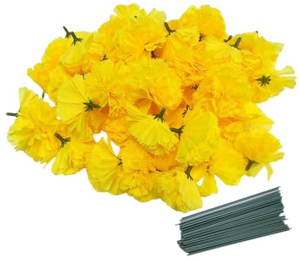 Rikyo 50 Artificial Silk Carnation Flower Head with Stems Set,Vase Fillers,Marigold Flower Heads for Diwali Decor Day of The Dead Wreath Garland Cake Ornaments,2 Petals Heads(Yellow)