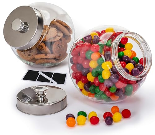 1 Gallon Large Glass Cookie Jars for Kitchen Counter + Marker & Labels - Food Storage Canisters with Airtight Lids, Coin & Penny Jar for Candy Buffet, Coffee, Laundry Detergent Holder, Set of 2.