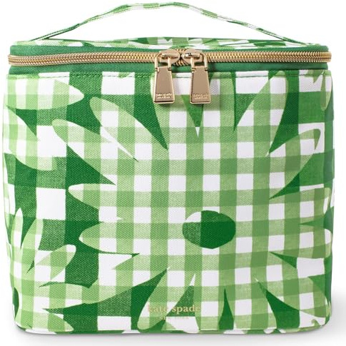 kate spade new york Insulated Lunch Tote, Small Lunch Cooler, Thermal Bag with Double Zipper Close and Carrying Handle, Green, Daisy Gingham