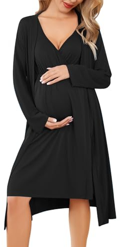 Ekouaer Women's Nursing Nightgown and Robe Set Labor and Delivery Robes Soft Maternity Nightgowns Pregnancy Gowns Black L