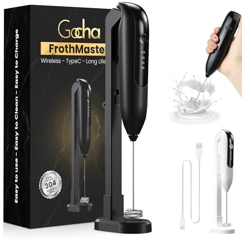 GOCHA | FrothMaster X2 Rechargeable Milk Frother – 2-Speed Handheld Foam Maker for Coffee, Lattes, Matcha – USB-C Charging, Stainless Steel Whisk, Stand Included (Black)