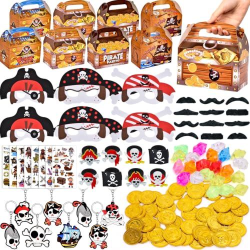 Tacobear 122Stk Piraten Mitgebsel Kindergeburtstag mit Filz Piraten Maske, Goldmünzen, Schlüsselanhänger, Ringe & Tattoos, Piraten Party Geschenkbox Schatztruhe Gastgeschenke Give Aways