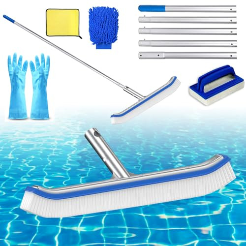 HuaMuDM 43CM Pool Reinigungsbürste,Pool Bürste mit Gebogenen Enden | Poolbürste,mit Längenverstellbarer Aluminiumstange und verstärkter Aluminium Rückseite Poolreinigung Reinigungsbürste