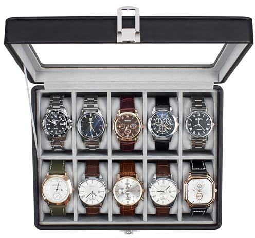 KILHS Uhrenbox mit 10 Fächern, Uhrenkasten mit Glasdeckel, Watch Box mit herausnehmbarer Unterlage, Metallverschluss, Geschenk, Schwarzes Kunstleder, Graues Innenfutter