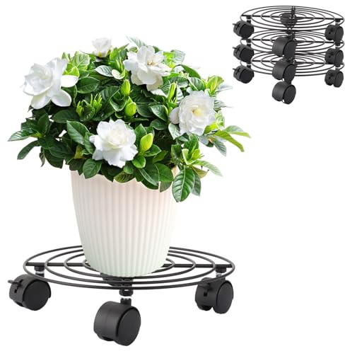 GBACHOOSE 4 stycken växtrullar, rund, blomrullare, metall 27 cm, växtrulle, utomhus, väderbeständig, blomkruka, underlägg med hjul, rullbräda, växter för gröna, krukväxter, tunga föremål