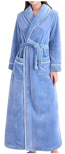 NSICBMNO Peignoir moelleux pour femme en tissu éponge extra long en polaire - Vêtement de nuit d'hiver - Robe de chambre de luxe en velours - Chemises de nuit chaudes avec poches - Grande taille, Bleu
