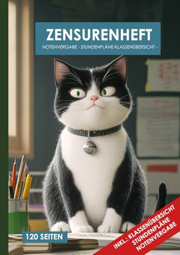 Zensurenheft DIN A4 | für Lehrer und Lehrerinnen | inkl. Stundenpläne | Notenvergabe | Schülerübersicht | Übersichtlich für alle Schulformen | Cover: Katze