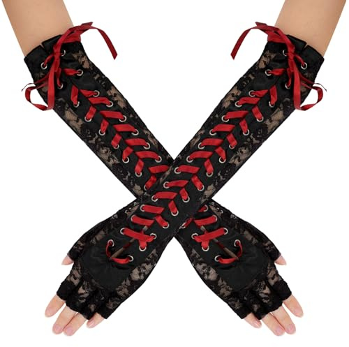 SEAUR Damen Fingerlose Handschuhe Spitze Armstulpen mit Schnürung Schwarz Lange Handschuhe Gothic Punk für Party Cosplay Karneval Halloween