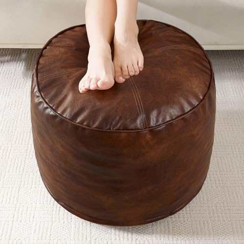 HIGOGOGO Round Stuffed Pouf Ottoman, Pu Leather Poufs with Foam Chunk Filling, Furry and Fluffy Pouf Foot Stool Storage Ottoman, 20 X 15 Floor Poufs Foot Rest for Living Room,Dark Brown