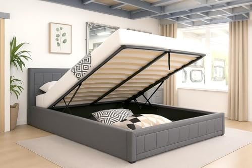 Modernique Grey Fabric Ottoman Storage Small Double 4ft Bed with Underneath Storage, Wooden Sprung Slatted Base (Small Double)