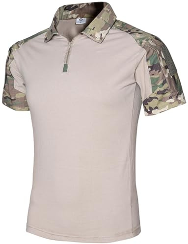 PADOLA Uomo Maglietta Mimetica a Manica Corta per attività all'aperto Leggero Asciugatura Rapida Polo Camouflage con 1/4 Zip Camouflage Intima Funzionale(Mimetica Verde Cachi,XXL)