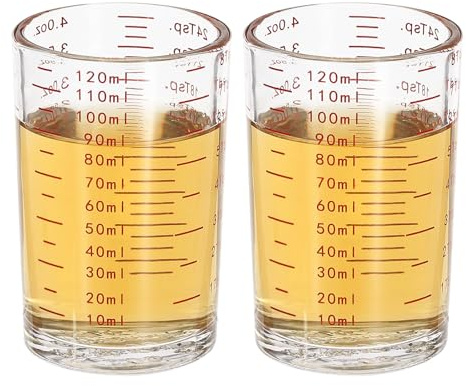 PATIKIL Mätglas för skjutglas, 2 st 113 g/120 ml runda klara tunga fotograferingsglas mätkopp espresso shotglas med 4 sorters skalor för espresso vätska kaffe köksverktyg, röd