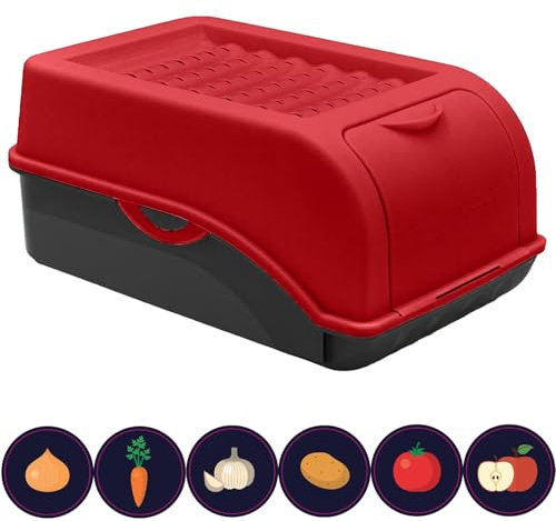 ARTECSIS® 1 x Kartoffel Aufbewahrungsbox mit Deckel für 2,5 kg Kartoffeln (rot) - Vorratsbehälter & Vorratsdosen Gemüse & Lebensmittel - Kartoffelbox, Zwiebelbox, Gemüsebox (inkl. 6 Aufkleber)