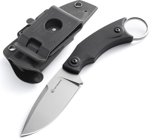 SPITZKANTE Messer Feststehend SSH-A, Jagdmesser mit 360° Verstellbarem Gürtelclip, Kydex Scheide, D2 Gürtelmesser Quer Klingenlänge 8, 7cm, G10 Griff, Full Tang, Silberne Klinge –Schwarzer Griff