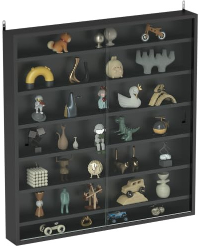 HOMCOM 7-Tier Wall Mounted Display Cabinet Glass Doors 80x83cm Black | Display Case, 6 Adjustable Shelves, for Home Office Ornaments