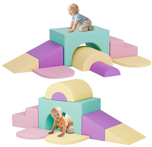 MU ‌Soft Climbing Toys for Toddlers, 7-Piece Baby Soft Foam Climbing Blocks, PU Leather Gym Climb and Crawl Activity Play Set, Indoor Climbing Toys for Kids and Children, Pink