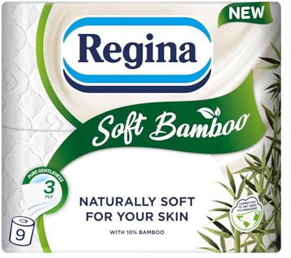 Regina Soft Bamboo - 9 Rolls of Toilet Tissue 3 Ply, 160 Sheets, Naturally Soft for Your Skin, Toilet Tissue Made with Bamboo Fibers, Paper Packaging, FSC Certificated