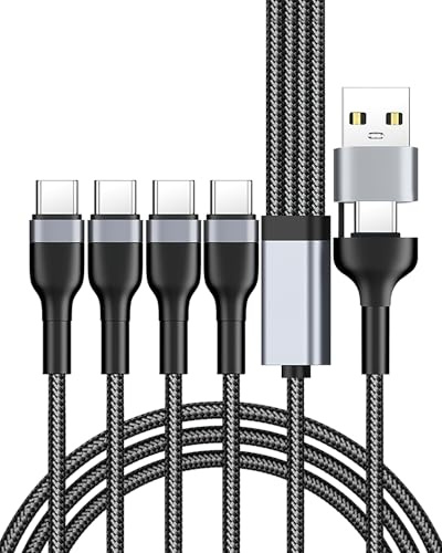 USB C Splitter Multi Charger Cable USB A/C to USB C 3.1A Fast Charging | 4 in 2 Multi Charger Cord Nylon Braided with 4 Type-C Connectors 1.2m for iPhone 16 15 Samsung MacBook Huawei Xiaomi