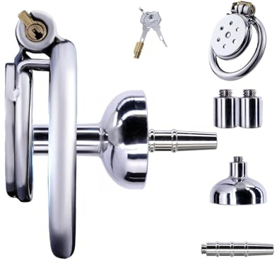 Cage Chastetée Inversée en Acier Inoxydable Cage de Chasteté pour Pénis avec Porte Urine et Cathéter Sex Toys Chastity Cage Plate Respirante pour Immobiliser le Pénis de l'Homme (45mm,D)