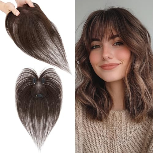 S-noilite Haar Toppers Echthaar Dunkelbraun - Toupet für Frauen mit Wispy Pony 100% Echthaar Clip in Haarteile für Dünnes Haar 14 Gramm 27cm