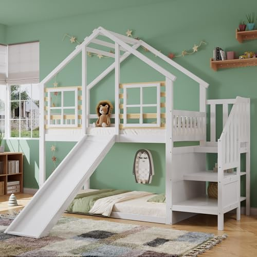YuQozii 90x200cm Etagenbett, Holzbett mit Treppe und Gitter, mit Rutsche und Fenster, Blockhaus Kinderbett mit Absturzsicherung, Bettrahmen aus Massivholz, Weiß