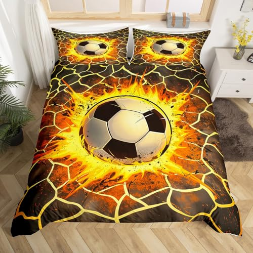 Homewish Soccer Duvet Cover Full Size 3 Pcs,Yellow Gray Patchwork Geometric Grid Bedding Sets for Kids Boys Teens Adults,Football Decor Sports Style Quilt Cover with 2 Pillowcases(No Comforter)