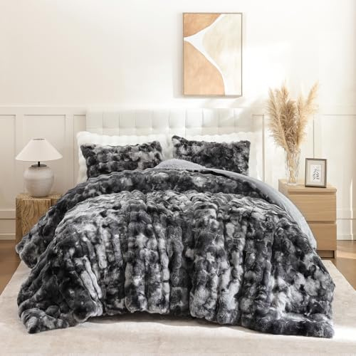 YIKUSH Tie-dye Grey Comforter Set Queen - Luxurious Faux Fur Comforter for Winter, Fluffy Comforter Queen Set with 2 Pillowcases, Soft Warm Tie-dye Grey Bedding Set