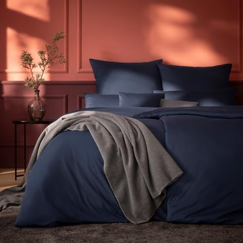 ESTELLA Jersey Bettwäsche Set, 135x200 cm + 80x80 cm, Indigo | 100% Baumwolle, trocknerfest, bügelfrei, Mako Interlock Jersey, Deutsche Markenqualität, Garantie Reißverschluss