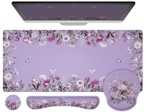 Ovenbird Mouse Pad Set 4-in-1 | Large Gaming Mousepad, Keyboard Wrist Rest, Mouse Wrist Support, Coaster | Ergonomic Office Desk Mat Accessories for Women Men | 4PCS, 35.4 x 15.7in, Purple Floral
