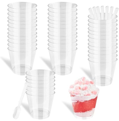 Dromzen 50 Piezas Cuencos Aperitivos, 7oz/200ml Vasitos para Postres Transparentes, Cuencos de Postre reutilizable con 50 Cucharas, Vasos para Postres, Pudín, Mousse, Helado, Tiramisú, Tartas