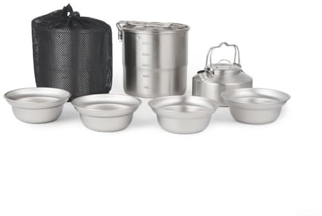 Jotekonoby Juego de utensilios de cocina para acampar al aire libre, ollas, hervidor, cuencos, bandeja de vapor, gran capacidad para senderismo o viajes familiares con bolsa de almacenamiento de malla