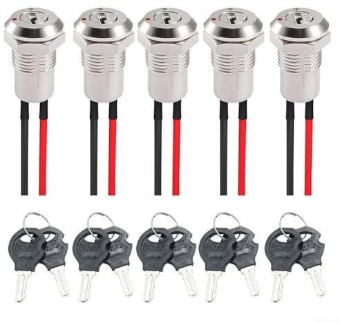 Gettimore Vorverdrahteter 12-mm-Schlüsselschalter, An-/Aus-Metallverriegelungsschalter für Gas- und Elektroroller, 15 cm Kabel, 5 Stück