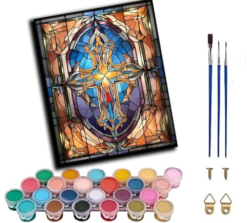WANGWANGMIAO Paint by Numbers Kits 40x50 cm Stained Glass Cross Canvas DIY Acrylic Painting for Adults with Paints Brushes and Card Sized Magnifier,Without Frame